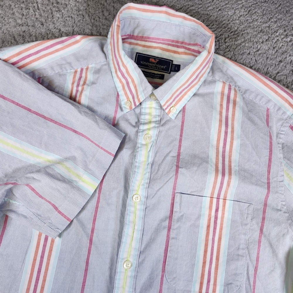 Vineyard Vines Shirt Mens L Pastel Stripe Whale Logo Button Down Short Sleeve